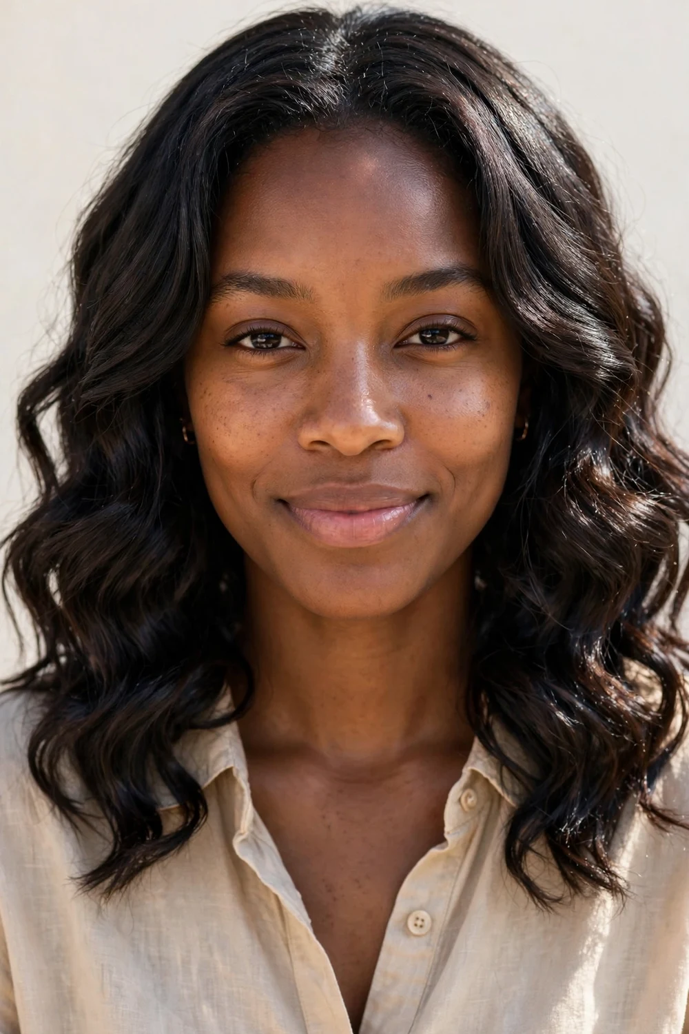 Woman with loosened smooth curls after a keratin treatment