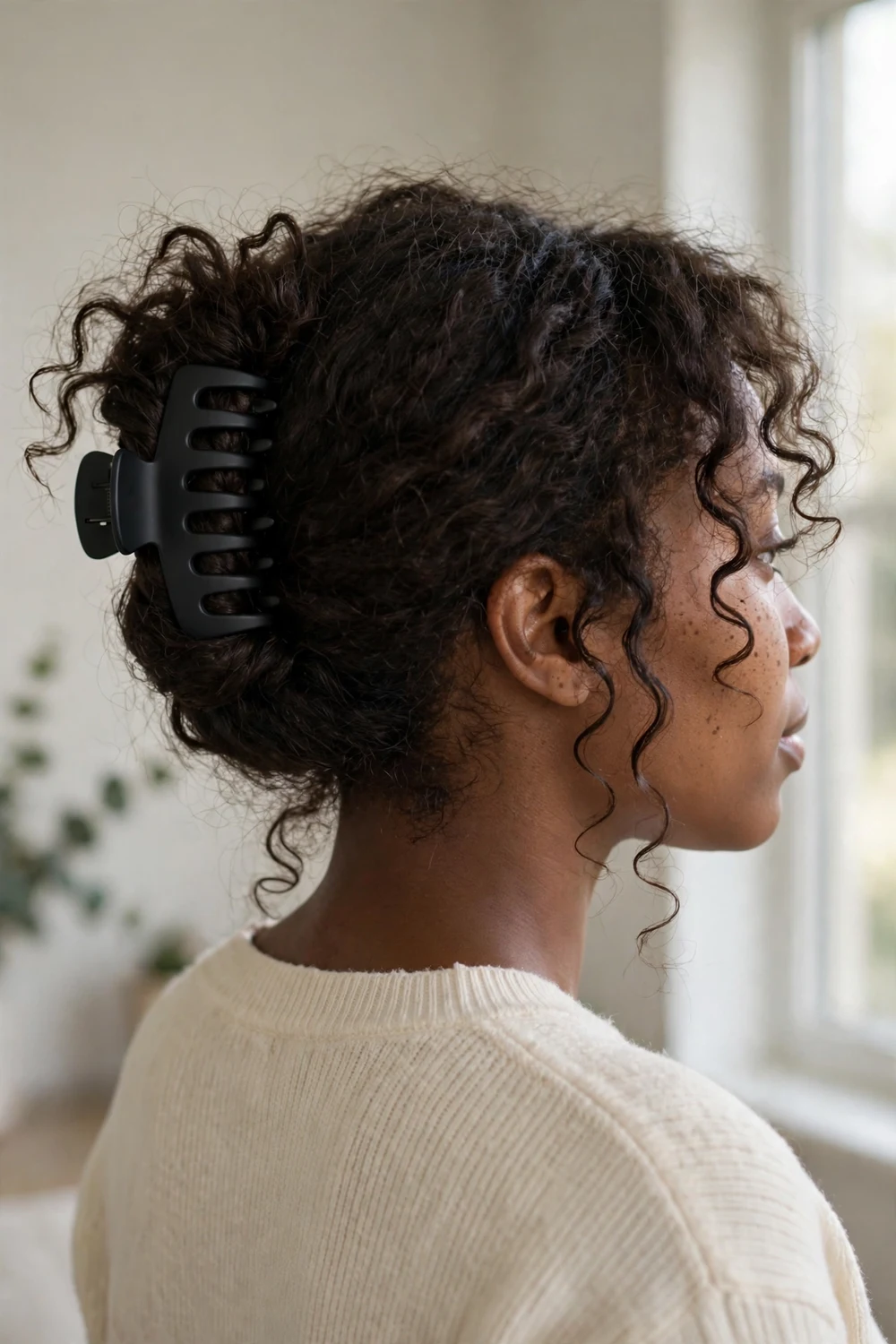 Woman with voluminous dark brown curly hair twisted loosely at the back and fastened with a large matte black claw clip