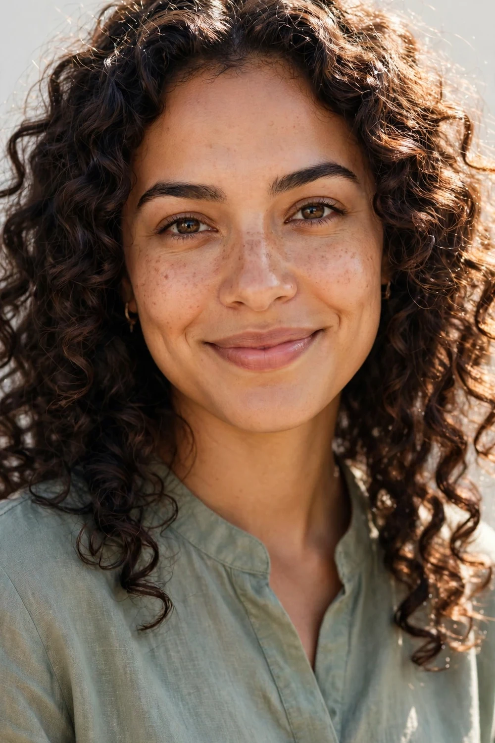 Woman with healthy curly hair achieved with gentle silicone-free products