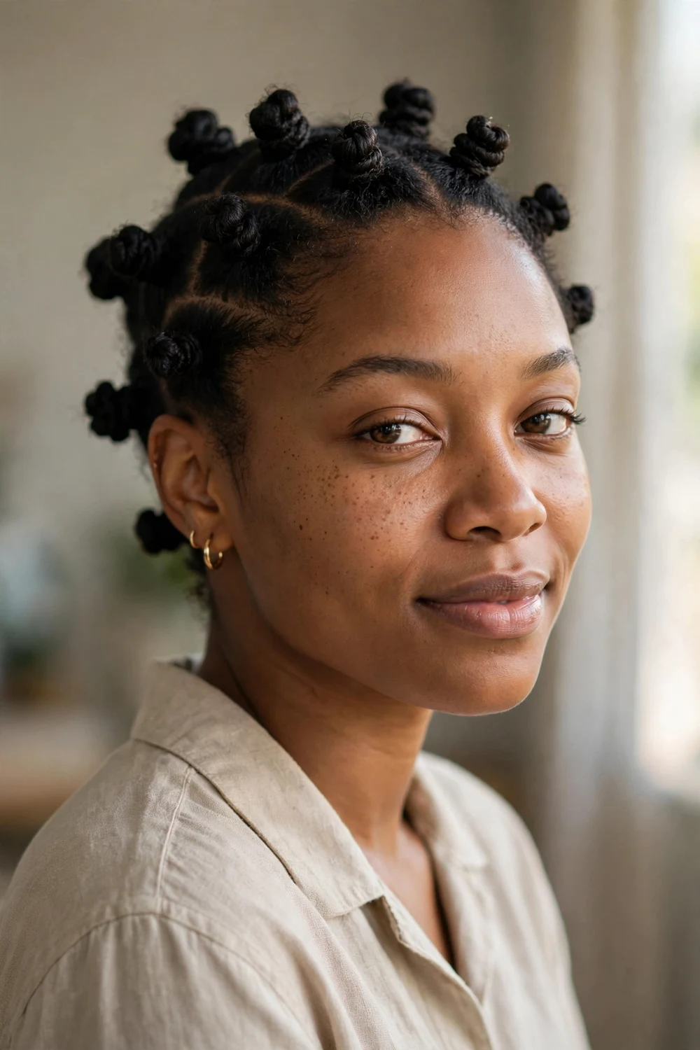 Woman with neat bantu knots arranged across her head