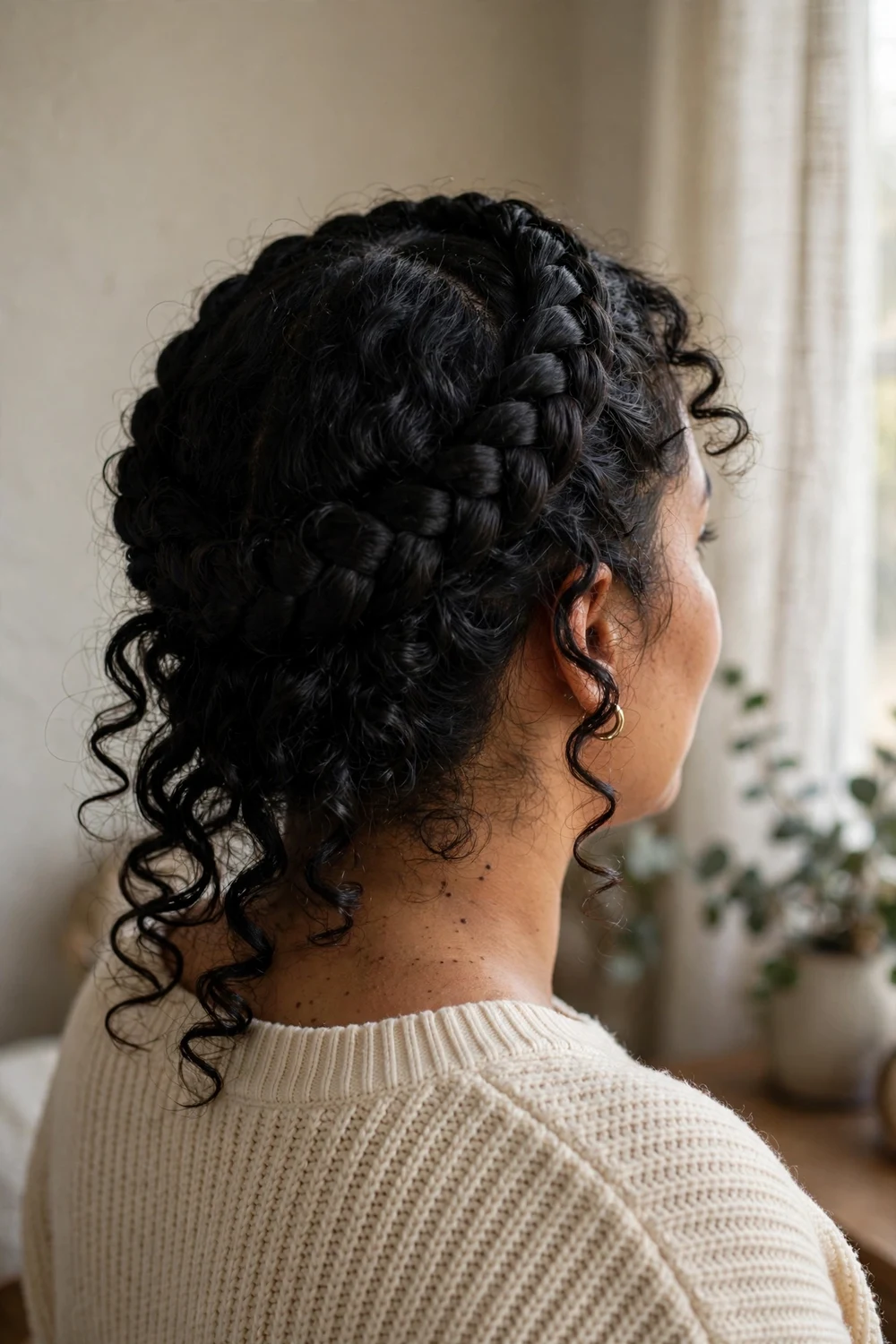 Woman with curly halo braid crown wrapped around her head