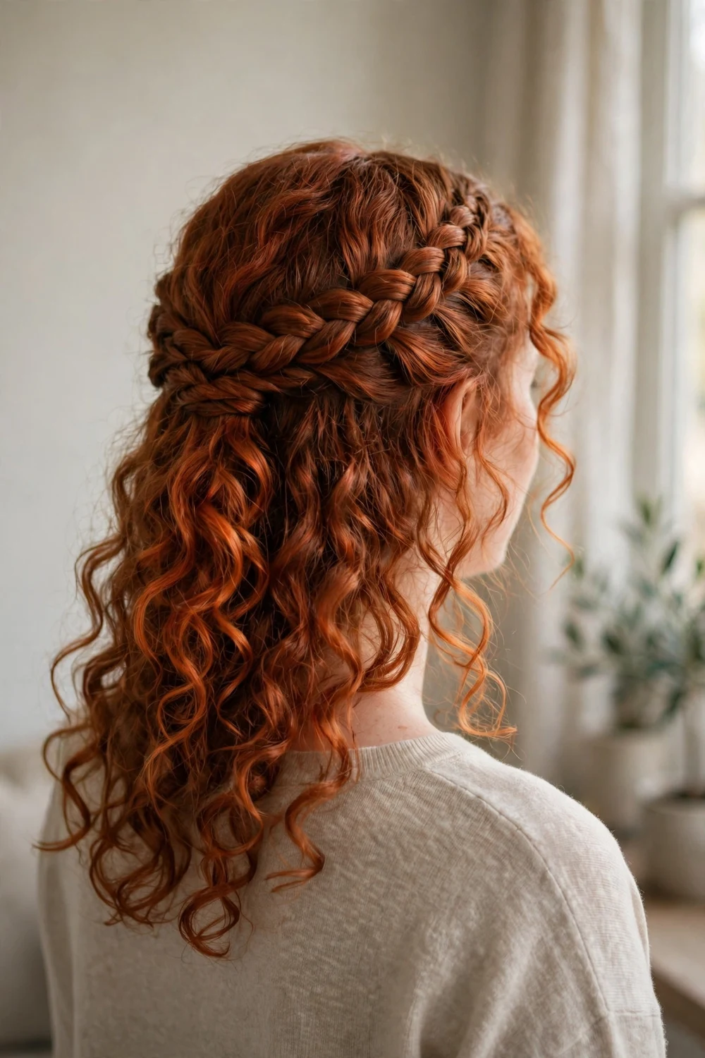Woman with braided half up curly hairstyle, braid across the crown