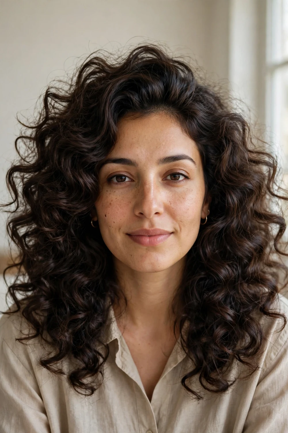 Woman with big brushed-out voluminous curly hair