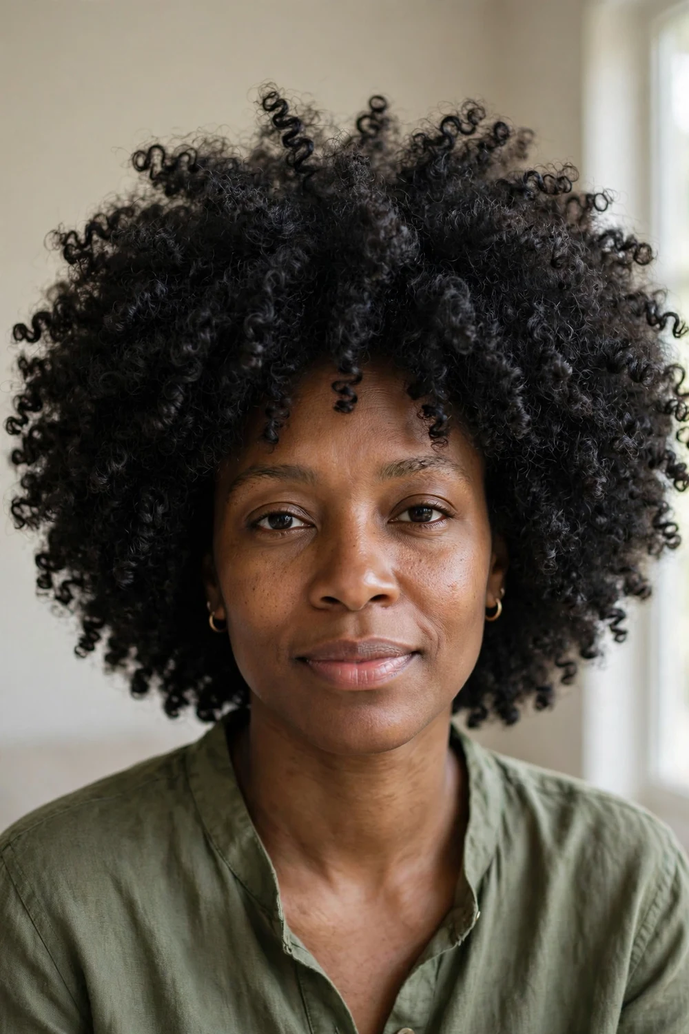 Woman with voluminous defined curly afro, rounded halo of curls