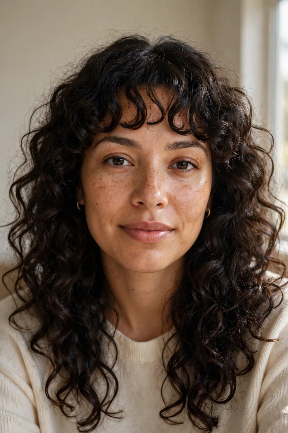 Woman with soft curly bangs and bouncy loose curls