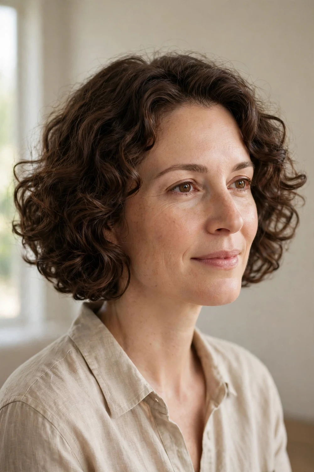Woman with chin-length curly bob haircut, rounded bouncy shape