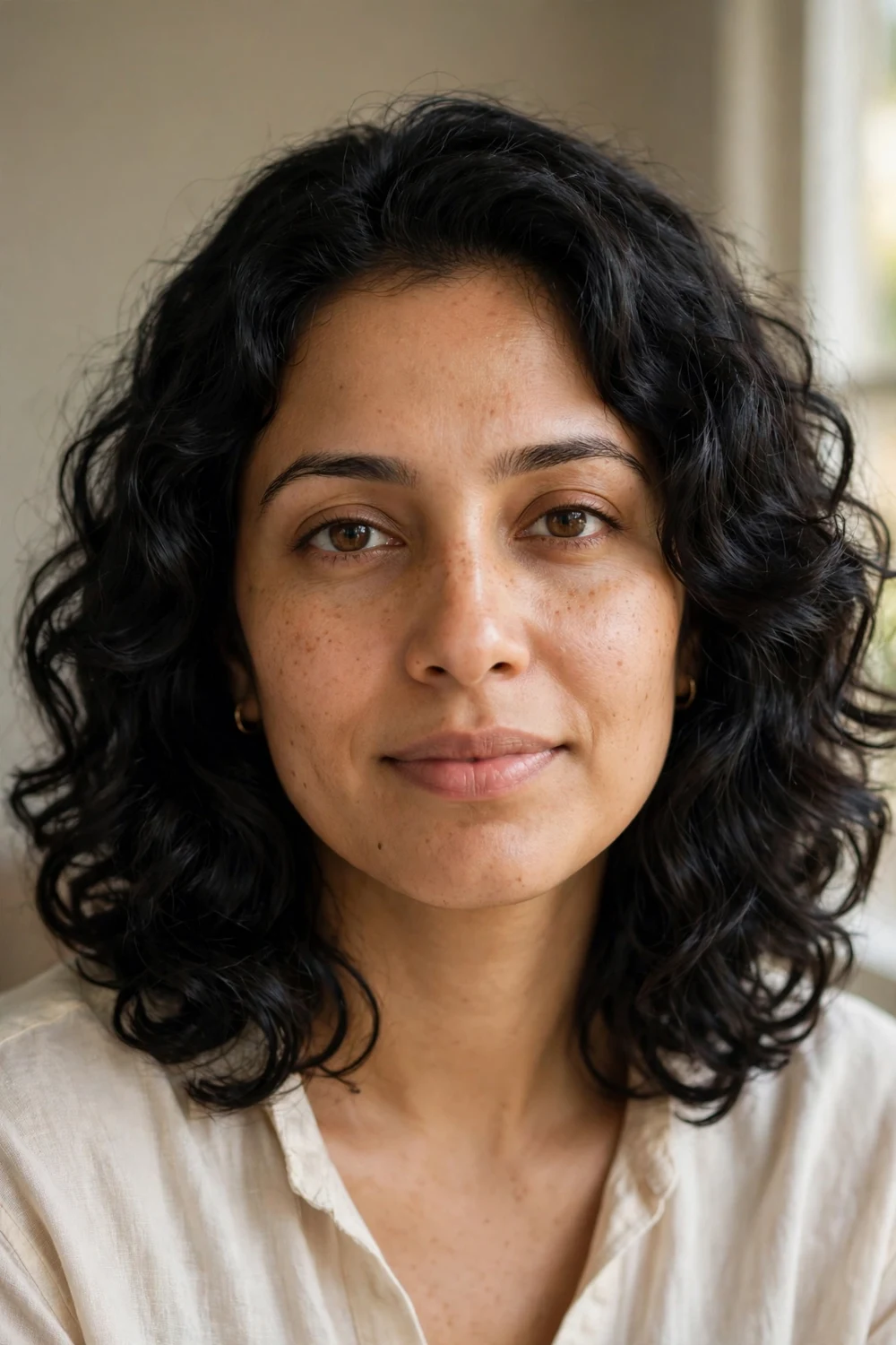 Woman with shoulder-length curly lob, long bob with soft layers