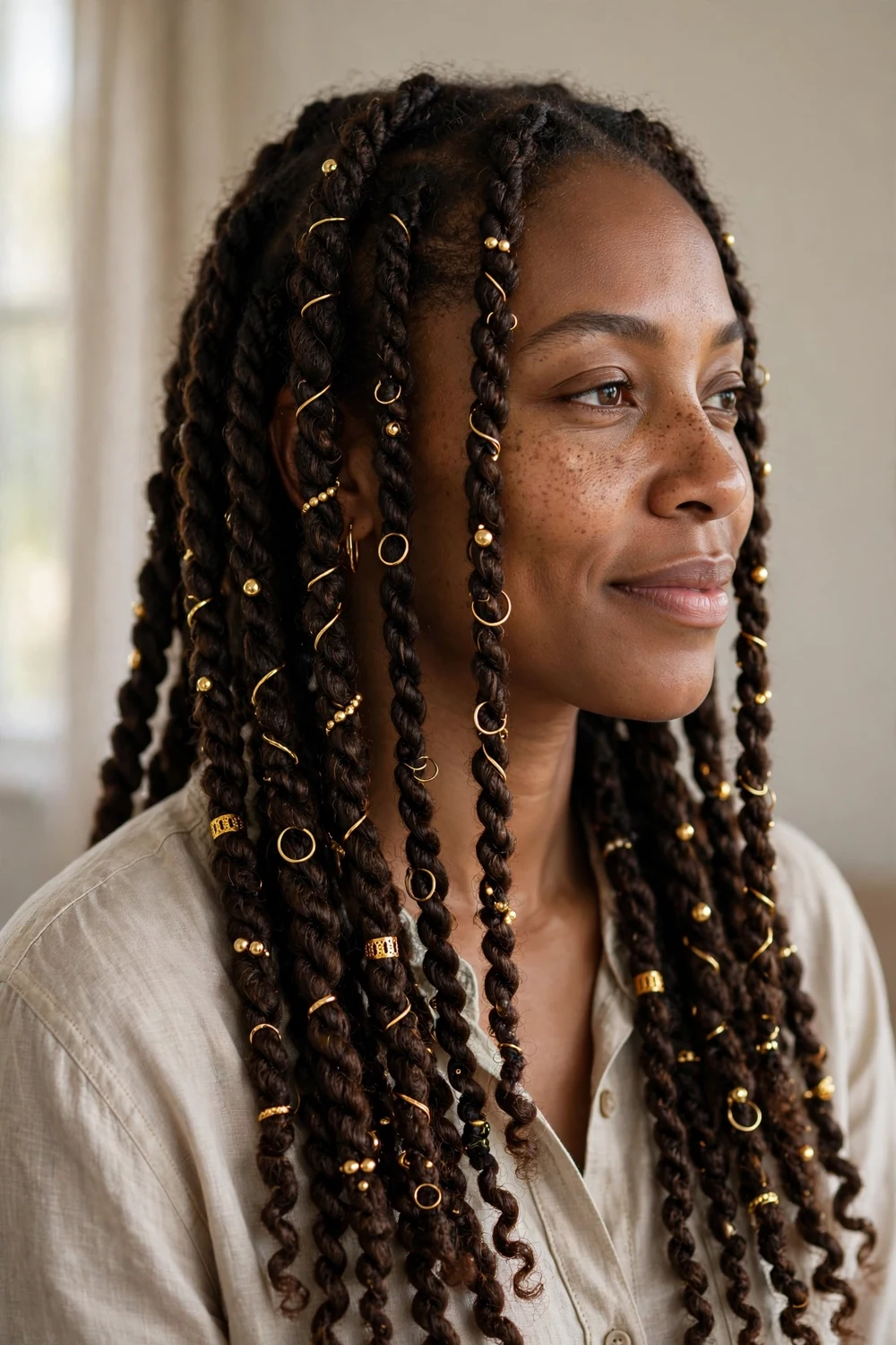 Woman with two-strand twists adorned with gold beads and rings
