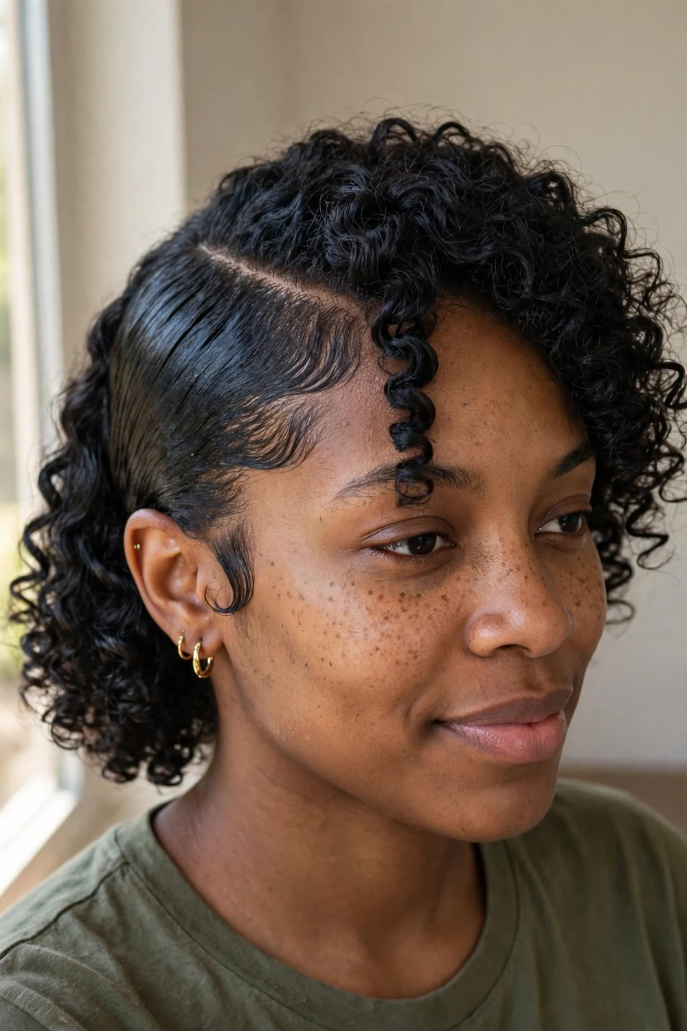 Woman with curly fauxhawk, sleek pinned sides and voluminous center curls