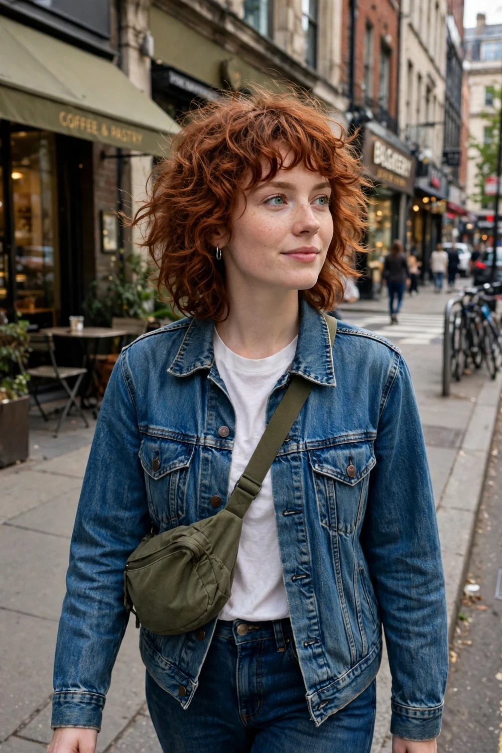 Woman with angled curly lob haircut, front longer than back, black defined curls
