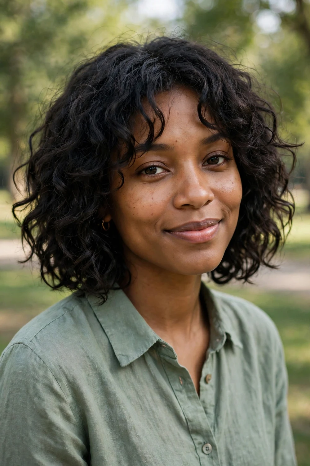 Woman with asymmetrical curly lob haircut, one side longer than the other, dark brown curls