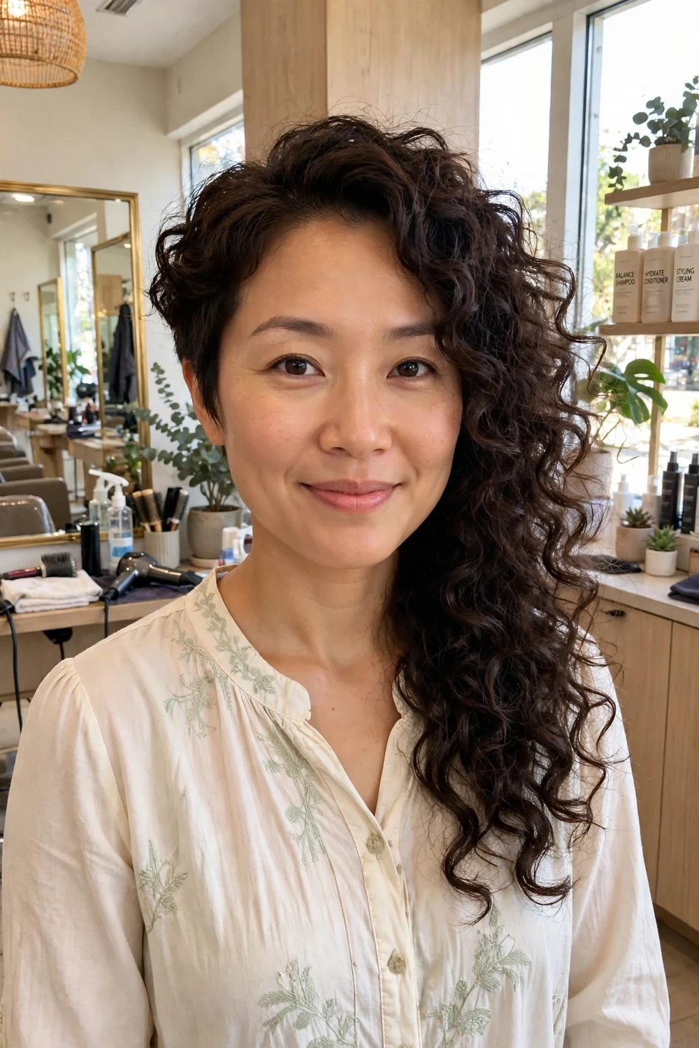 Woman with medium curly hair and short curly baby bangs, silver-streaked brown curls
