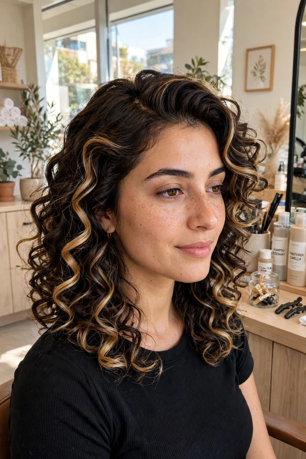 Woman with medium curly layers and golden blonde balayage, heavy side part, brunette curls