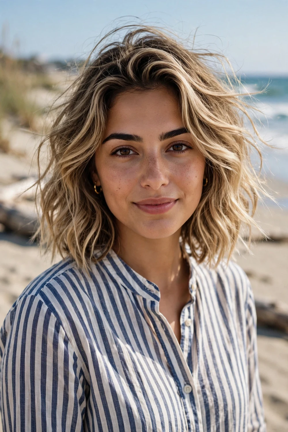 Woman with beachy waves at medium length, tousled texture, sandy blonde hair