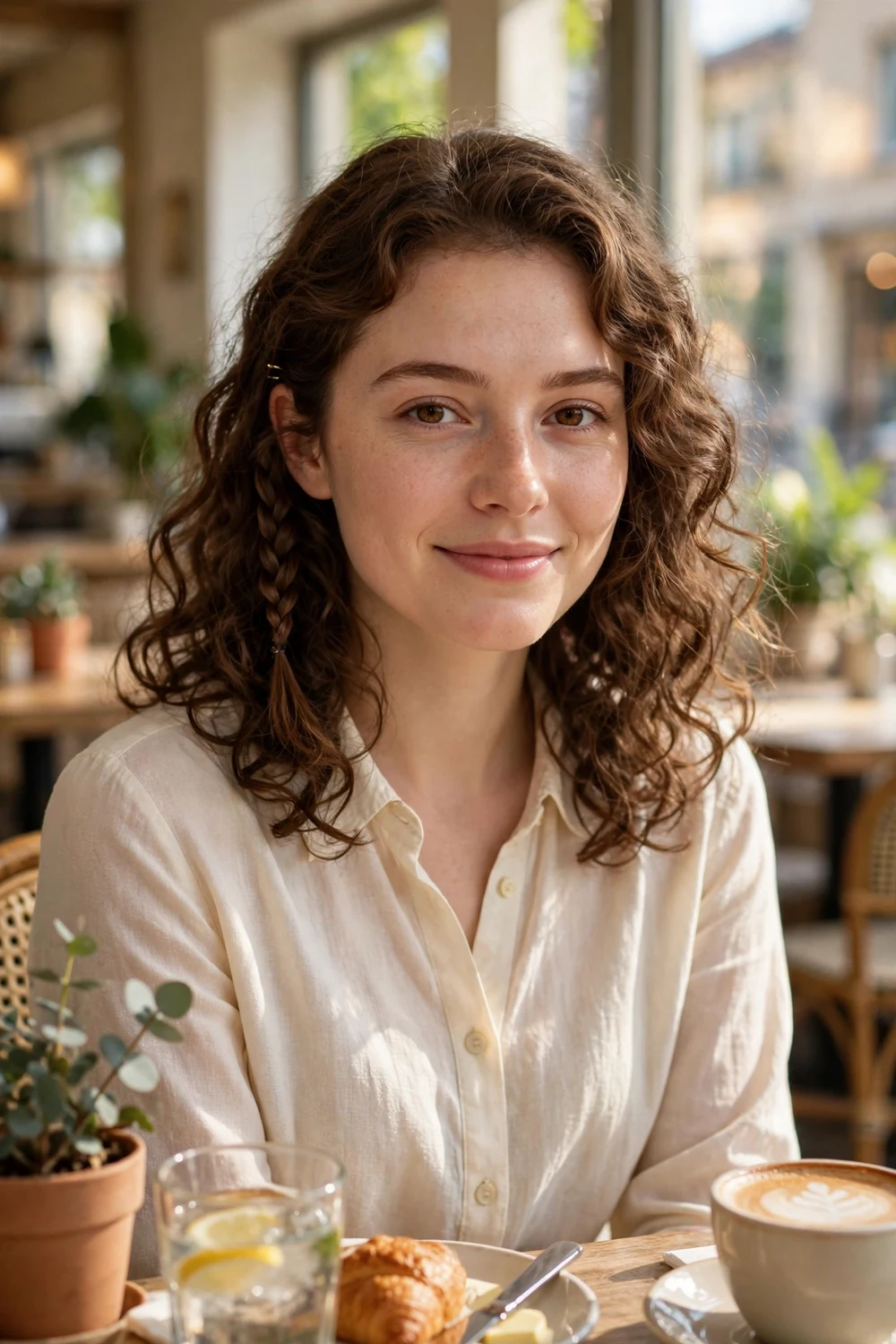 Woman with blunt curly shag haircut and curly bangs, edgy textured black curls