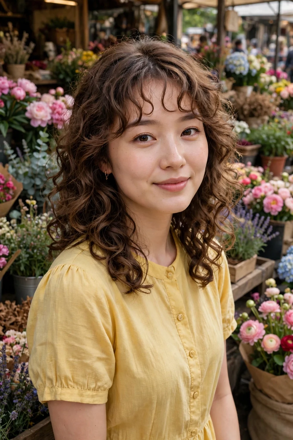 Woman with curly bob haircut and caramel highlights, dimensional brown curls