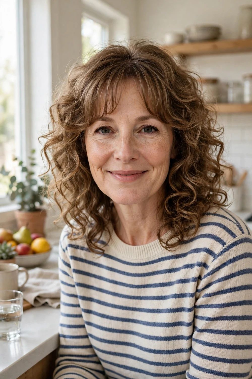 Woman with collarbone-length curly bob haircut and wispy bangs, dark voluminous curls