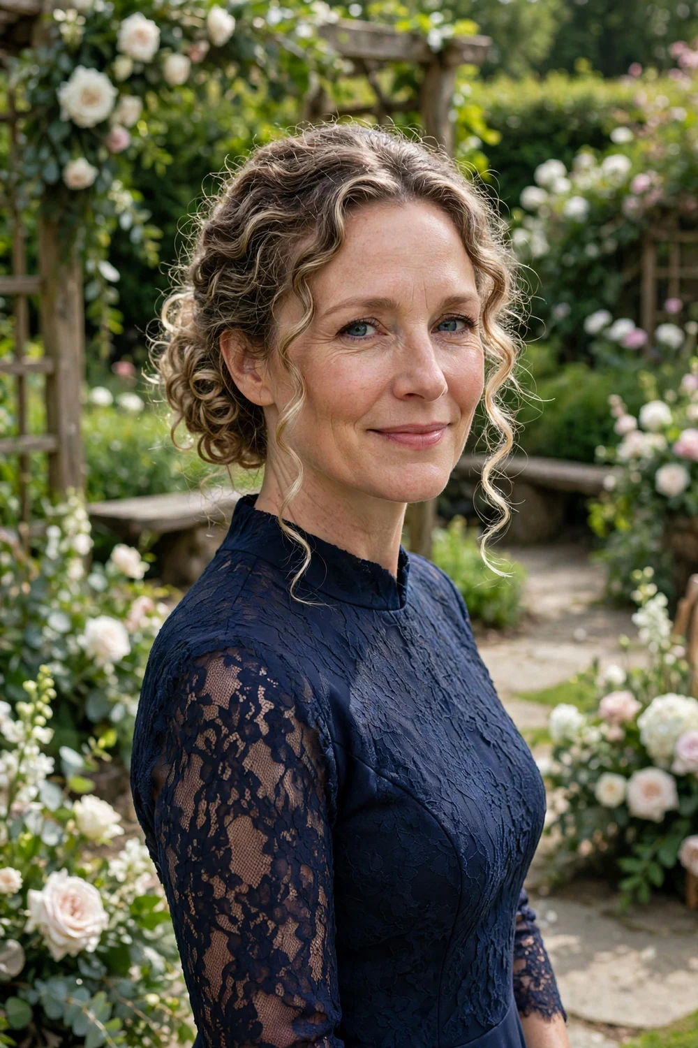 Woman with curly low bun hairstyle and loose face-framing curls, elegant updo
