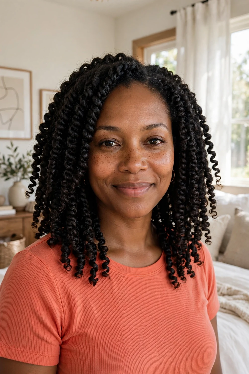 Woman with curly mullet haircut, short top and longer back, medium length, dark curls