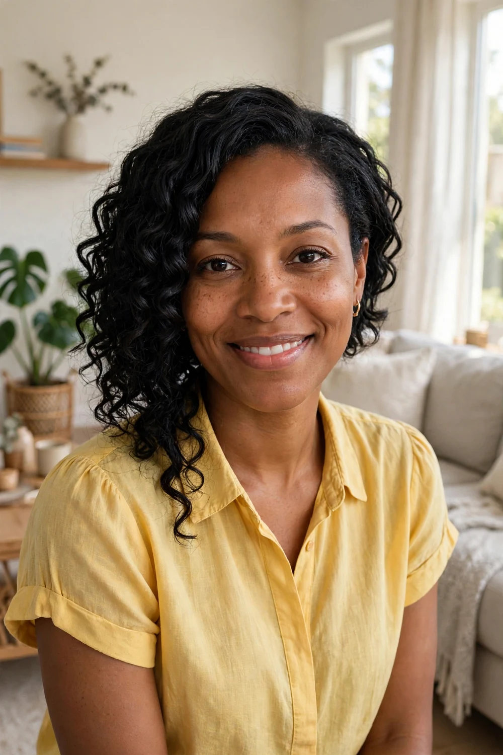 Woman with curly shag haircut, choppy layers and curly bangs, auburn hair