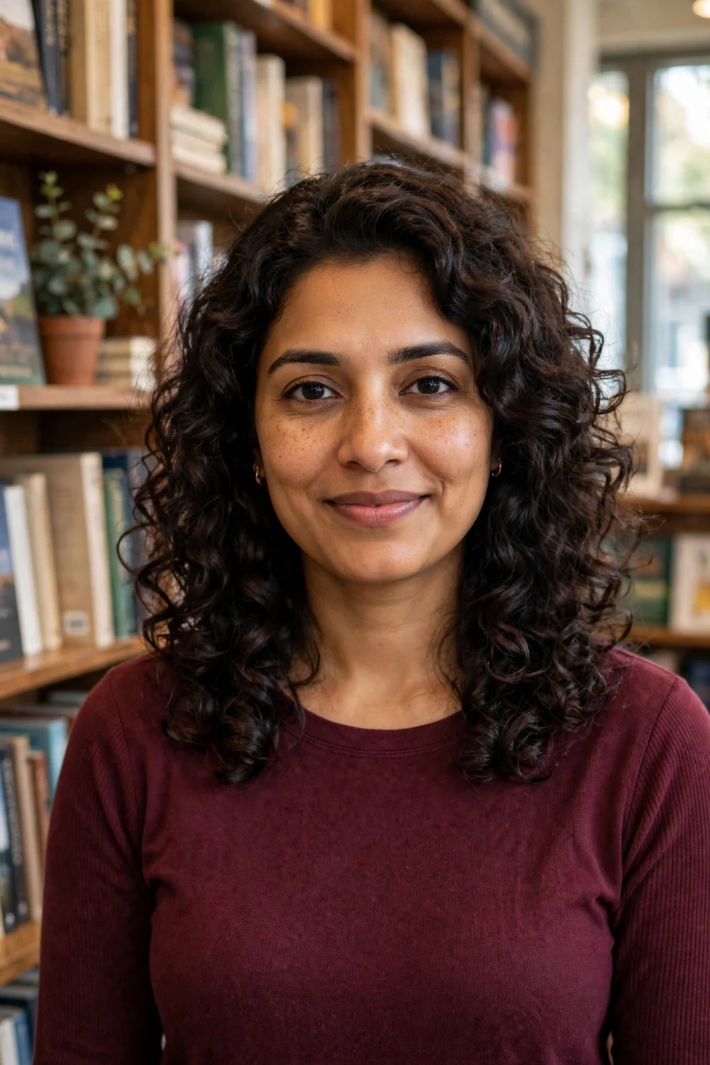 Woman with rich dark brown medium curly hair, glossy defined curls