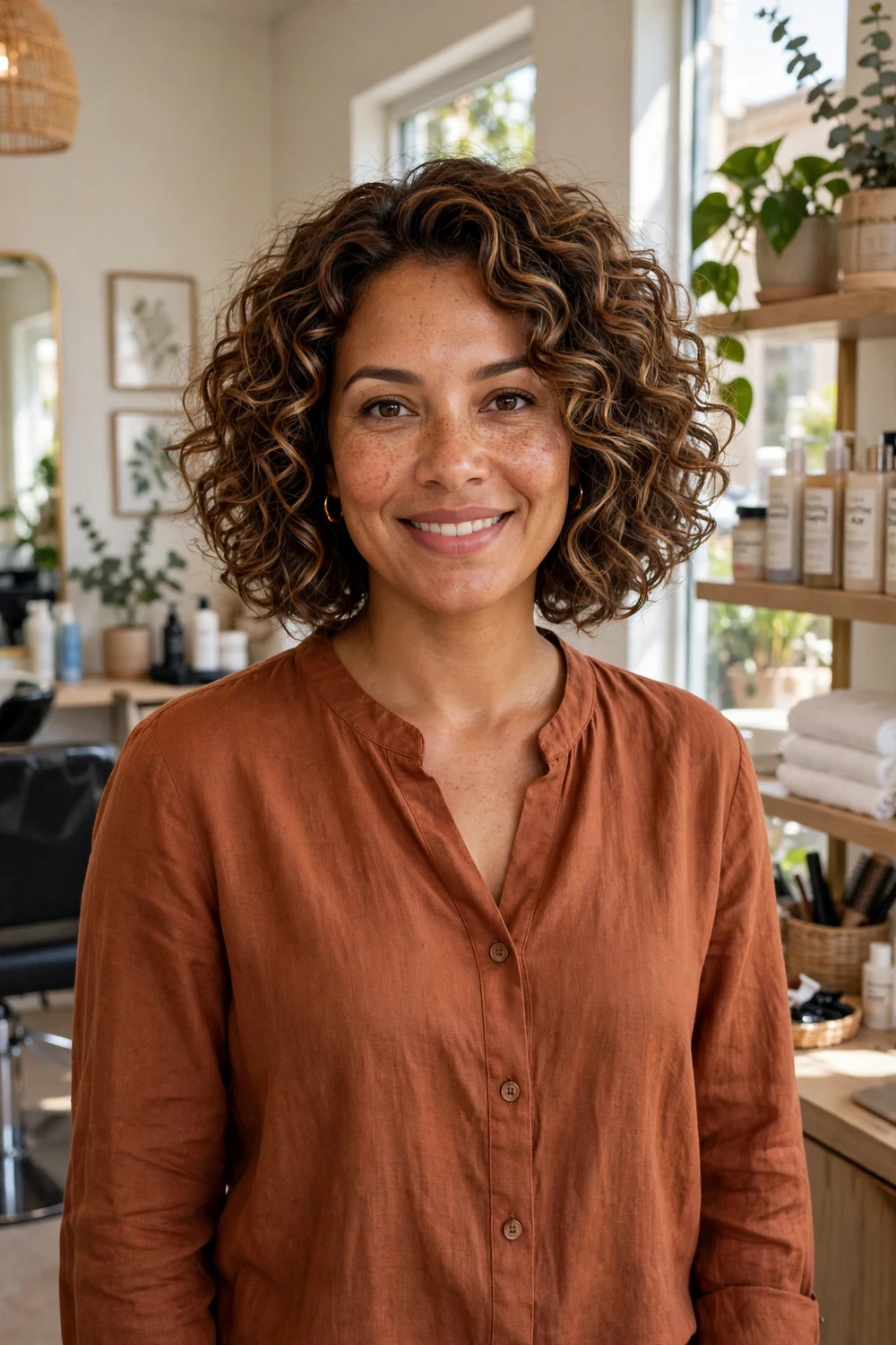 Woman with medium curly hair and deep side part with bobby pins, auburn curls