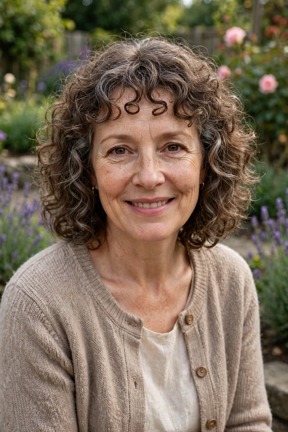 Woman with medium layered curls and loose face-framing tendrils, caramel brown hair