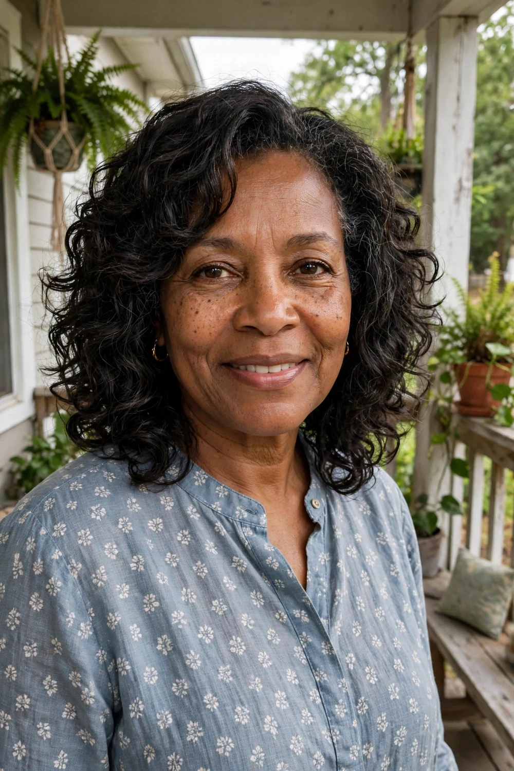 Woman with medium curly hair and full curly bangs, golden blonde-tinged brunette curls