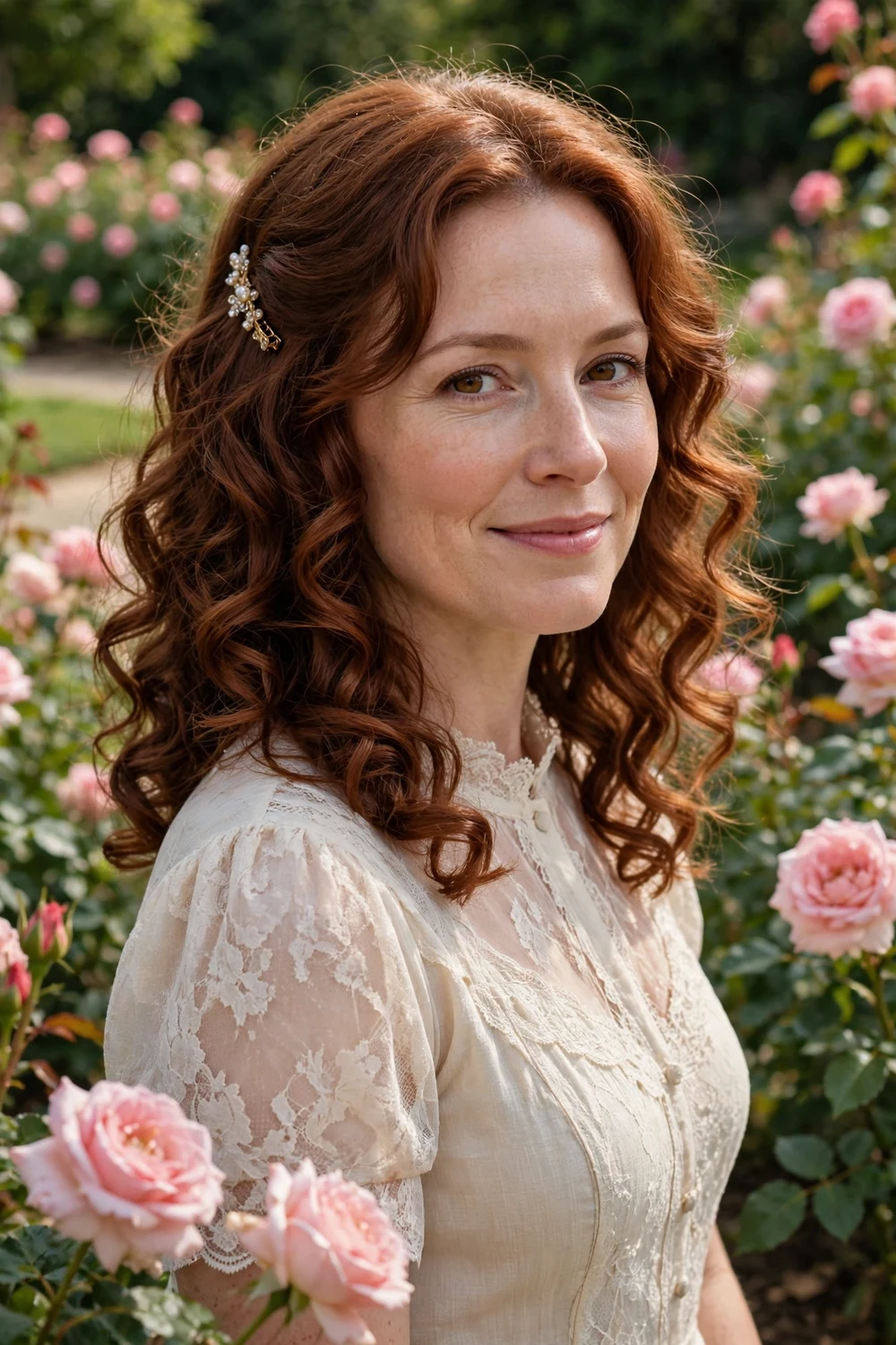 Woman with glossy defined medium curls, sleek shiny ringlets, dark hair