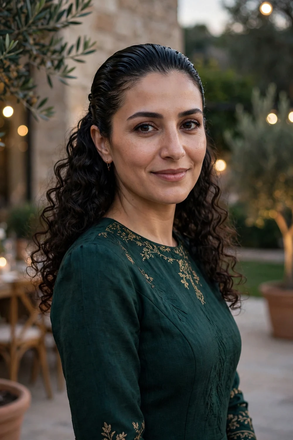 Woman with half-up pineapple puff hairstyle, medium curls gathered loosely on top