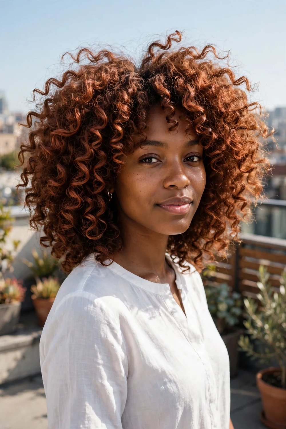 Woman with bouncy layered curls at medium length, defined spirals, dark auburn hair