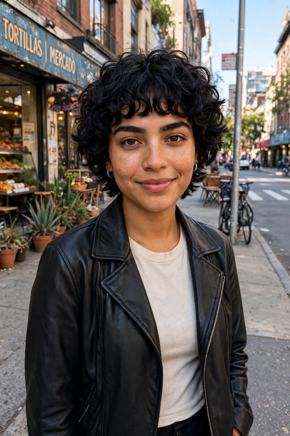 Woman with layered curly bob haircut, natural defined curls with shape, chestnut hair