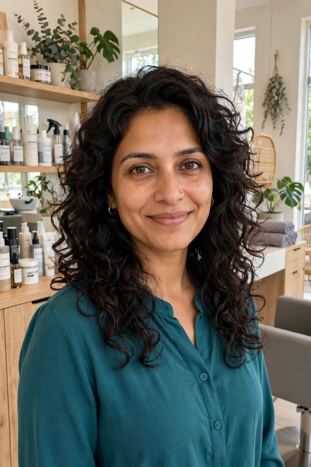 Woman with curly layered lob haircut, dark loose curls past the shoulders