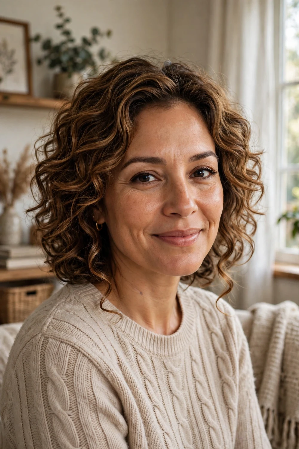 Woman with shaggy chin-length curly long bob, bouncy dark curls