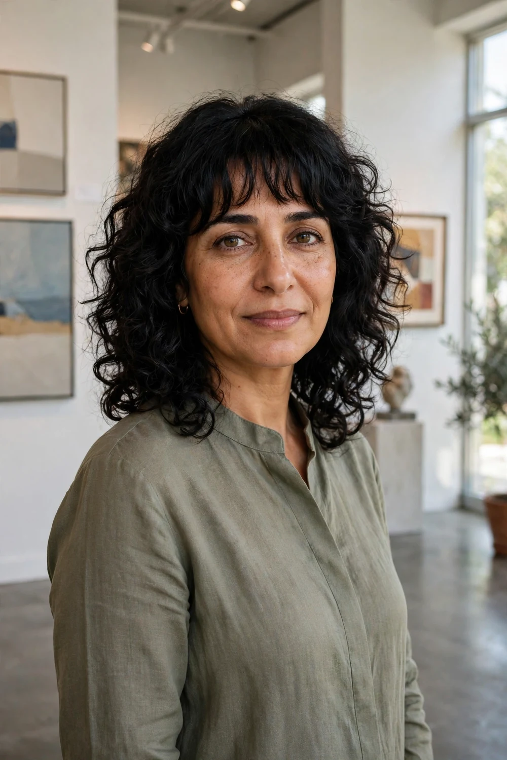 Woman with medium-length curly shag haircut and bangs, thick shoulder-length curls