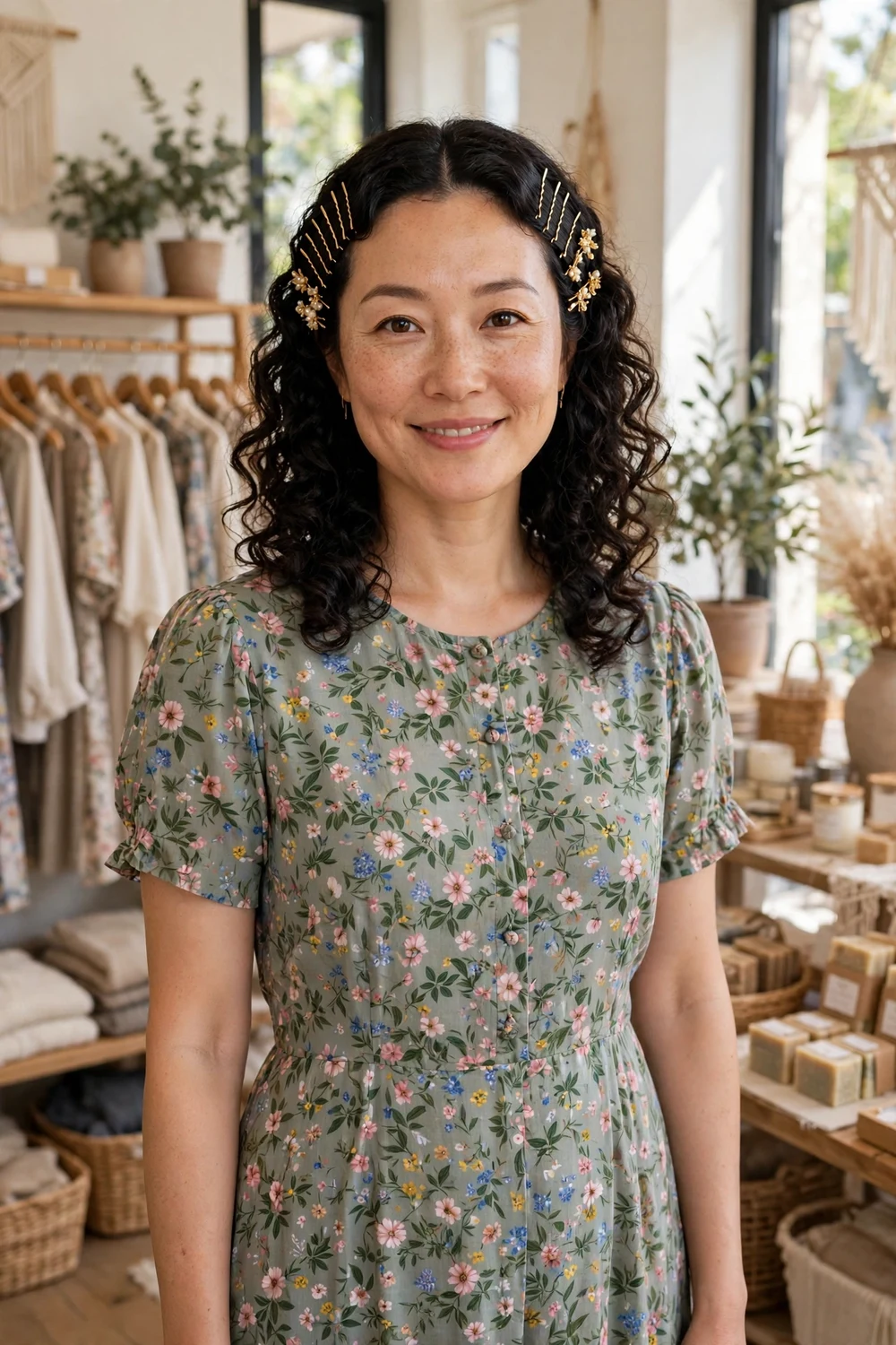 Woman with medium curly hair, middle part, sides pinned back with decorative bobby pins