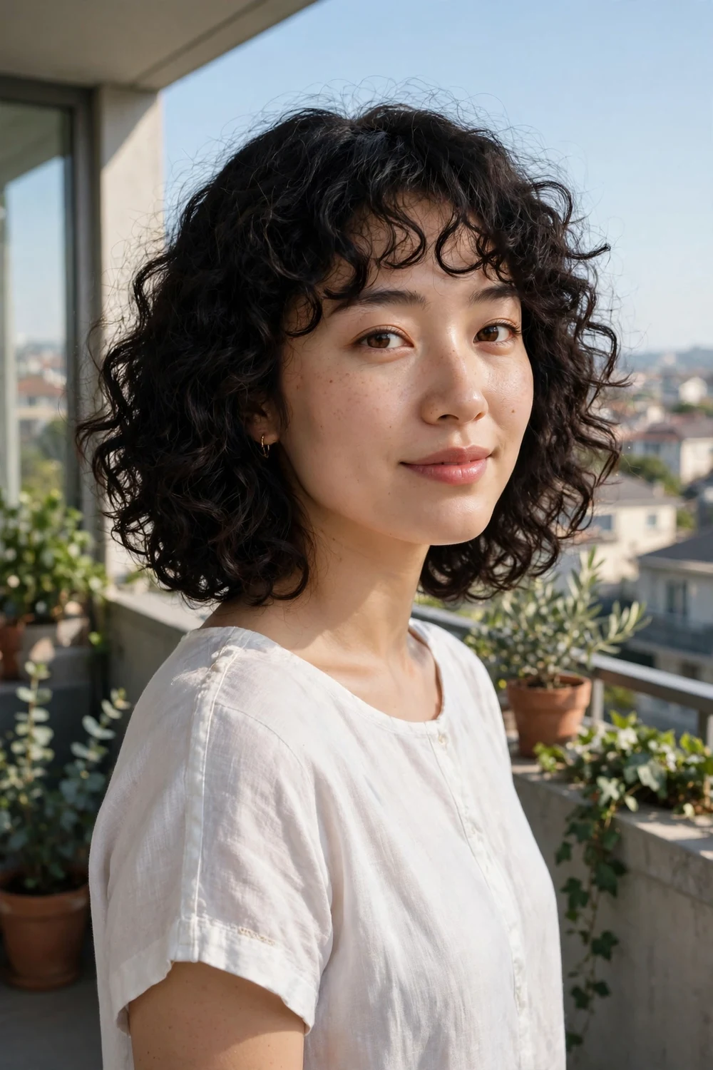 Woman with retro 70s style medium curls and curly bangs, voluminous brown hair