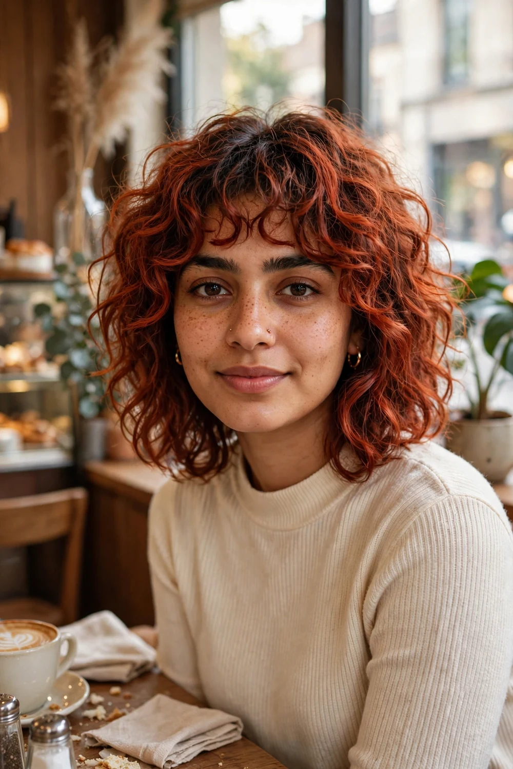 Woman with shaggy medium curly haircut and piecey bangs, copper red curls