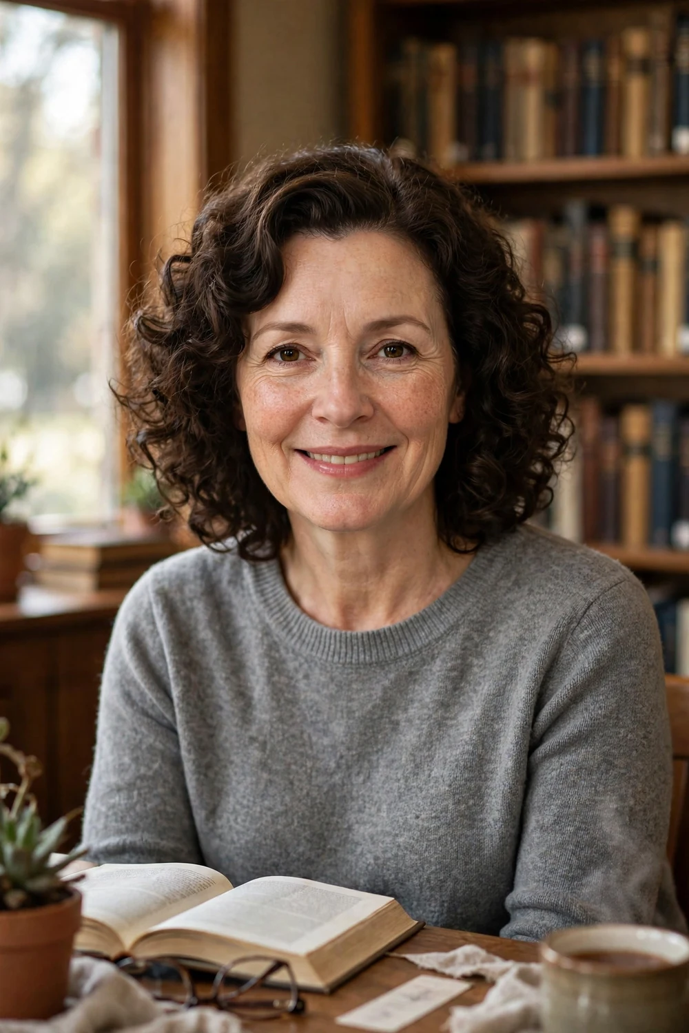 Woman with shoulder-grazing curly haircut and side part, layered curls, dark brown hair