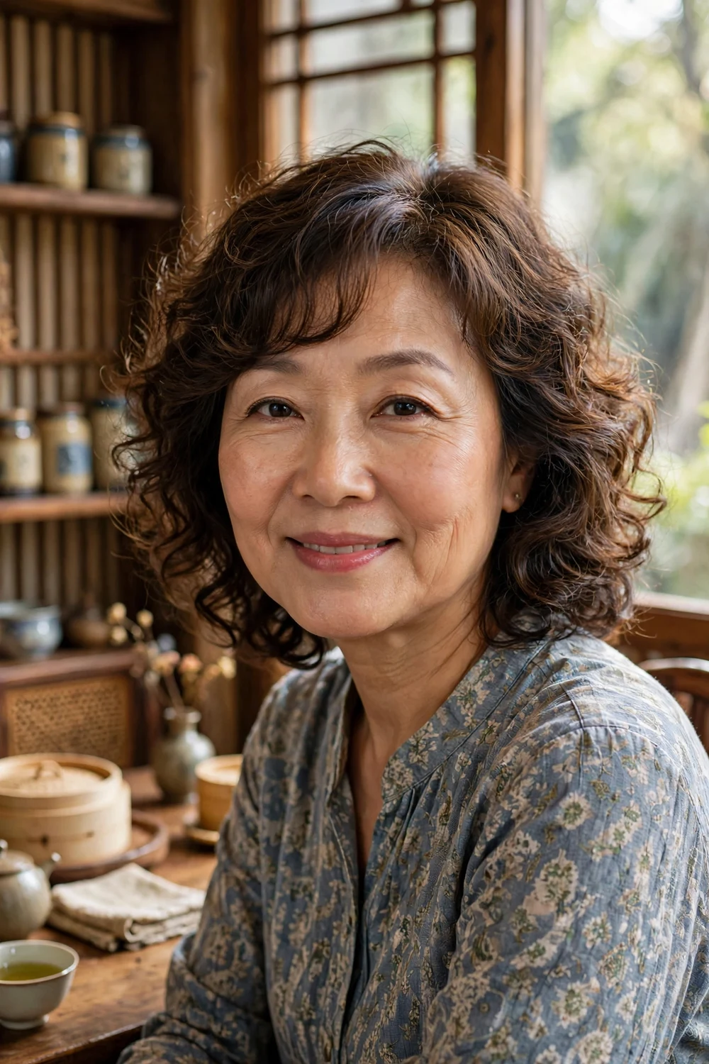 Woman with medium curly hair and side-swept curly bangs, brunette curls