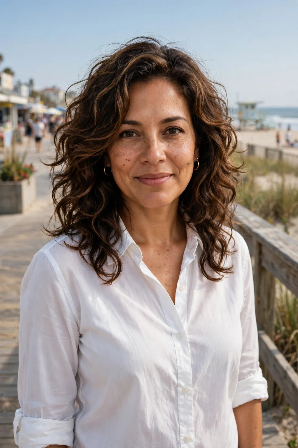 Woman with curly shoulder-length hair swept to one side, deep side part, honey blonde curls