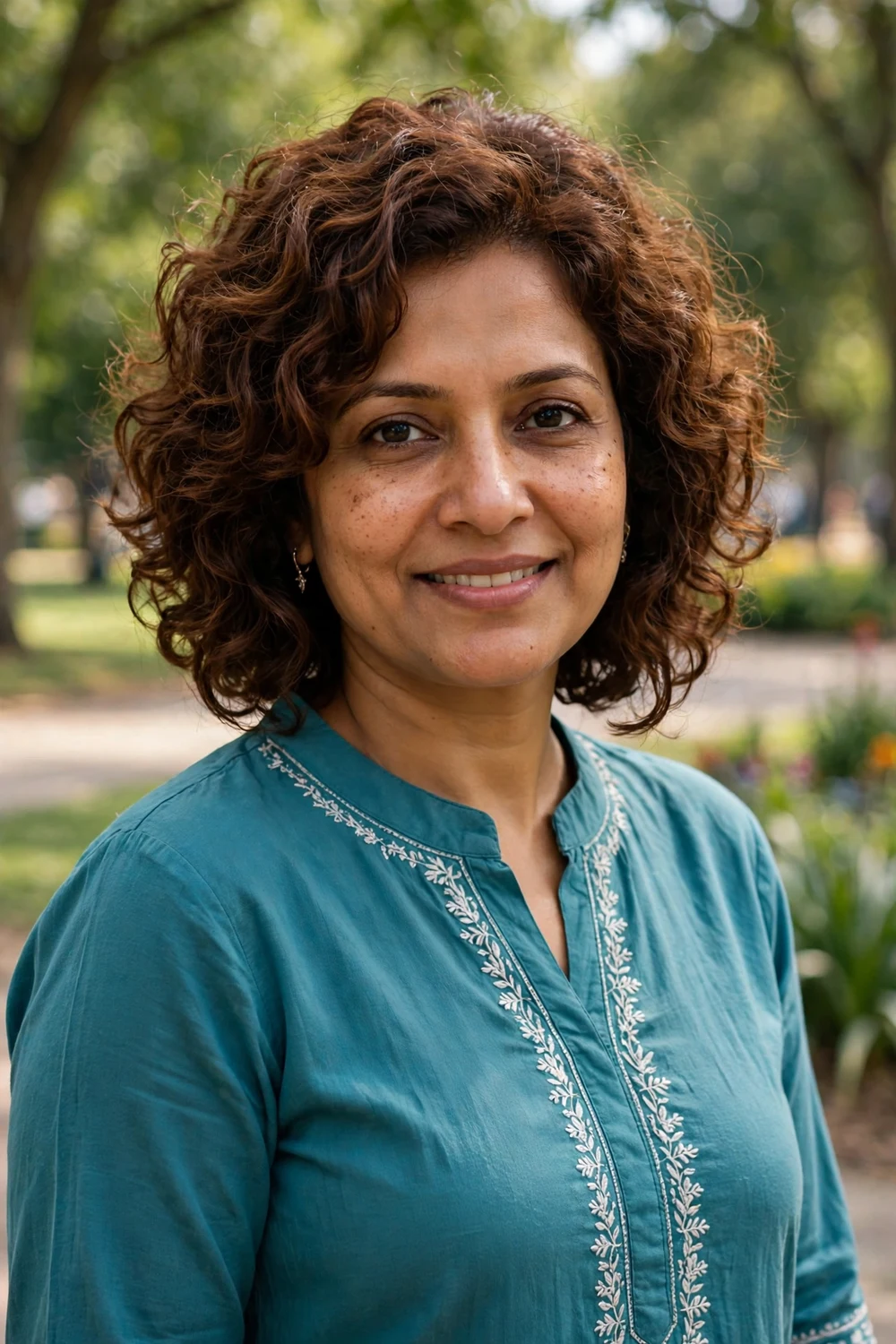 Woman with soft medium curls and a small pinned-back braid on one side, brown hair