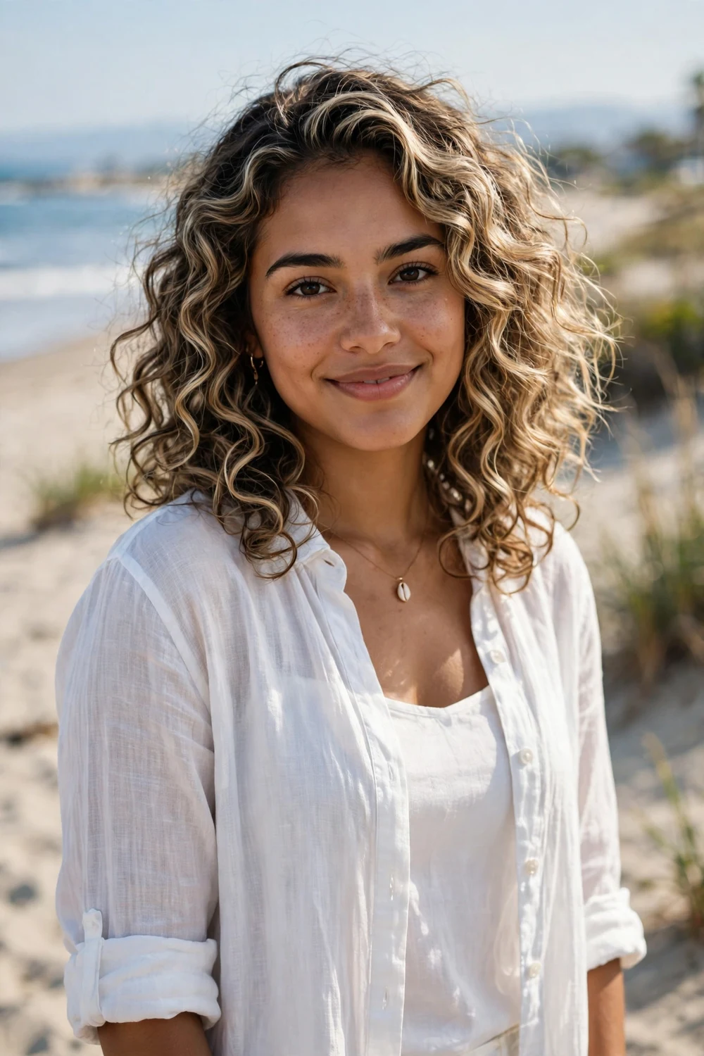 Woman with medium curly hair and sun-kissed blonde highlights, darker roots