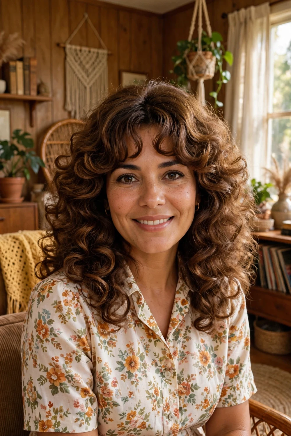 Woman with textured shoulder-length curly bob, defined natural curls, black hair