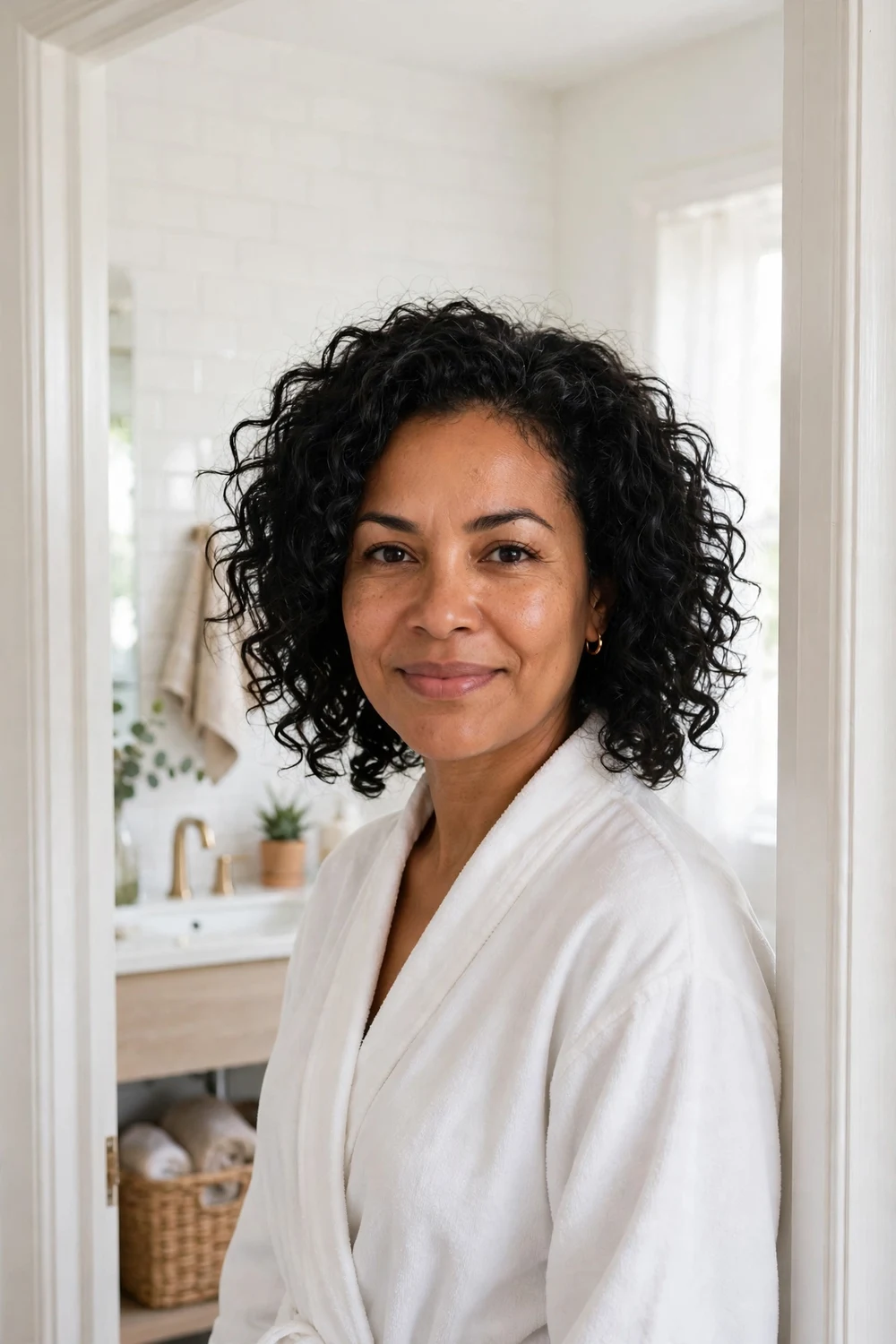 Woman with natural textured wash-and-go medium curls, scrunched volume, black hair