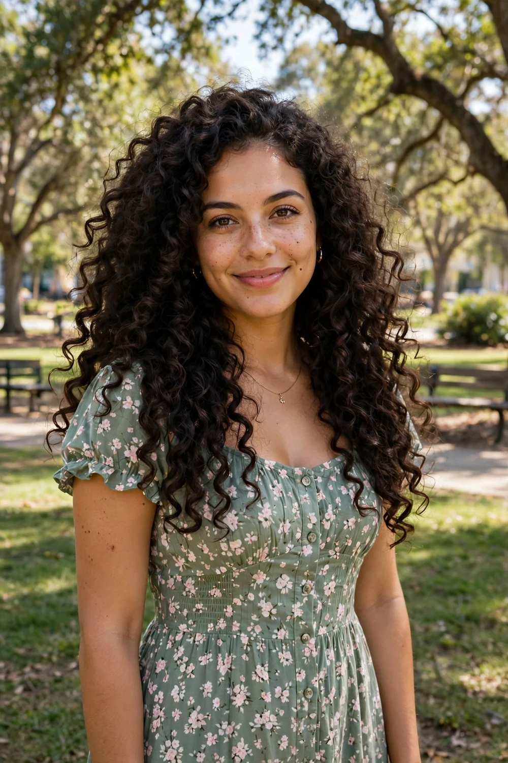 Woman with thick curly lob haircut, full voluminous dark brown curls