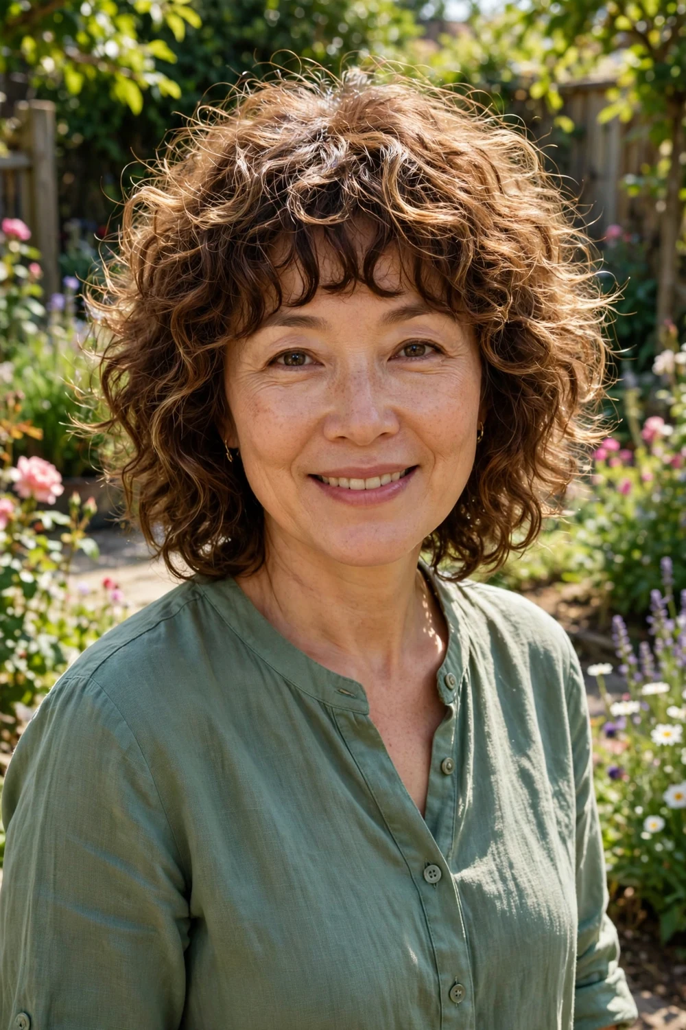 Woman with tousled long layered curly hair below shoulders, face-framing layers, brown curls