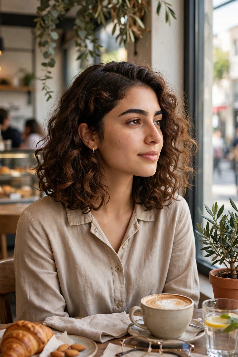 Woman with curly transition bob haircut growing out, deep side part, chestnut curls
