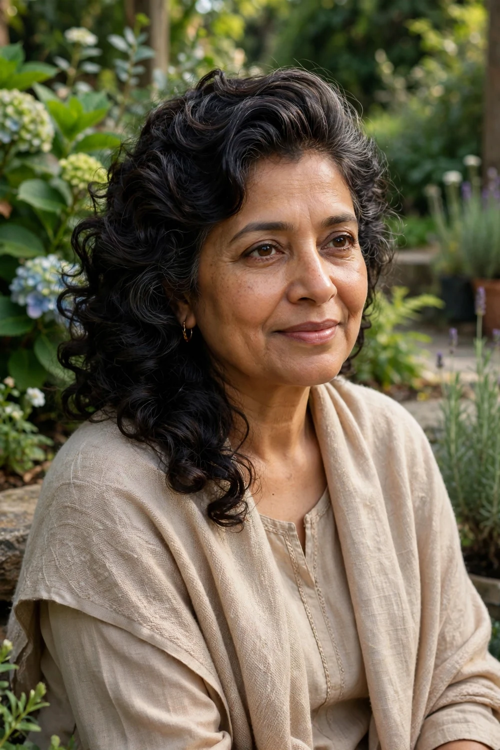 Woman with ultra-layered voluminous medium curls, short layers all over, copper curls