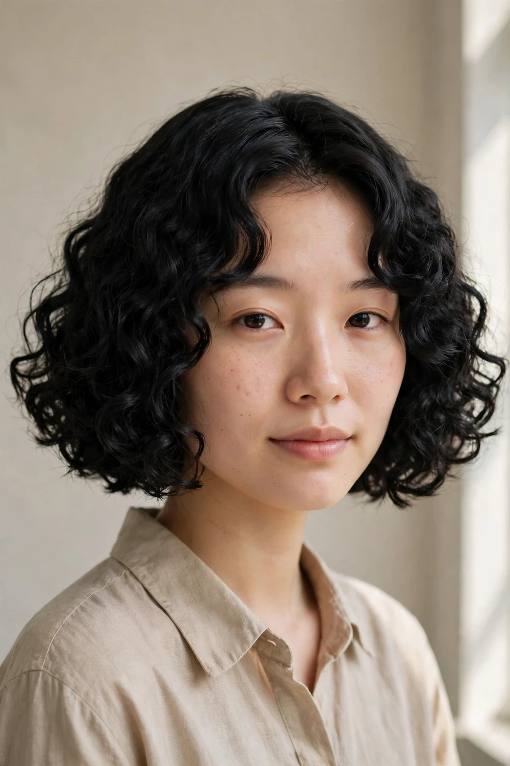East Asian woman with blunt-end curly bob, jaw-length defined black curls with thick-looking ends